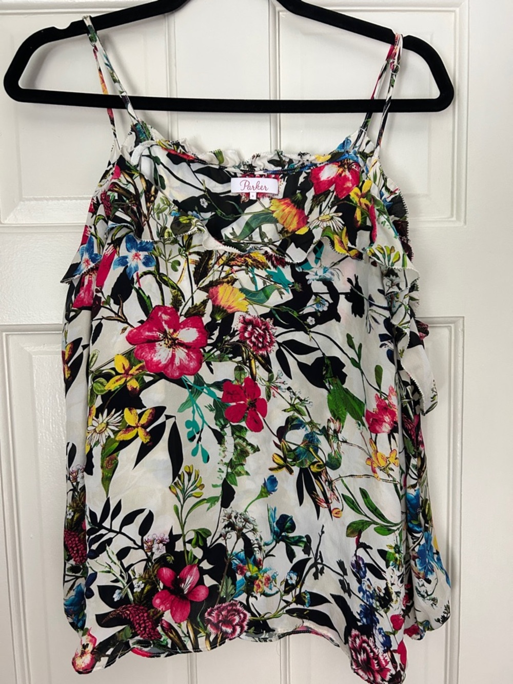 Parker cold shoulder Floral Ruffle-Trim blouse with Pink & Green Blooms